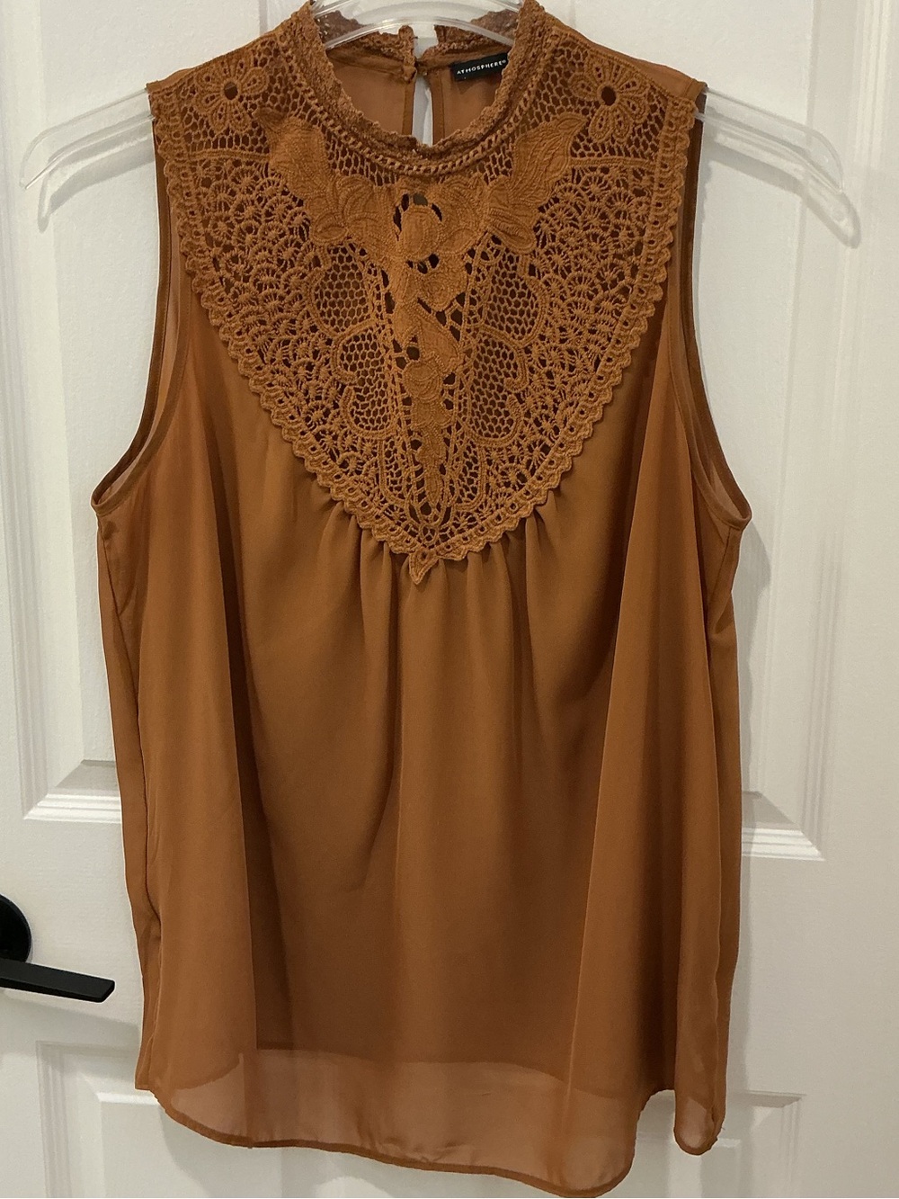 Crochet Yoke Sleeveless brown blouse